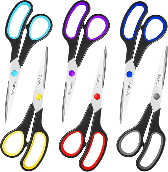 Scissors Set of 6-Pack, 8" Scissors All Purpose Comfort-Grip Handles, Sharp Scissor for Office Home School Craft Sewing Fa...