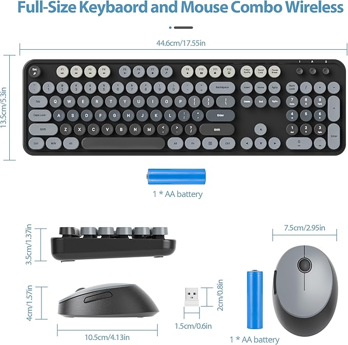 Wireless Keyboard and Mouse Set, Retro Typewriter, 2.4GHz Full Size 104-Key Cute Keyboard with Number Pad, Colorful Keyboard with Round Keycaps for Windows PC Laptop(Black Gray)