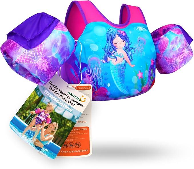 AEOCOO Puddle Float Jumper 20-30-50-60-70 Pounds, Toddler Swim Vest for 1-3-5-6-9 Years Old, Pool Floats with Swimming Arm...