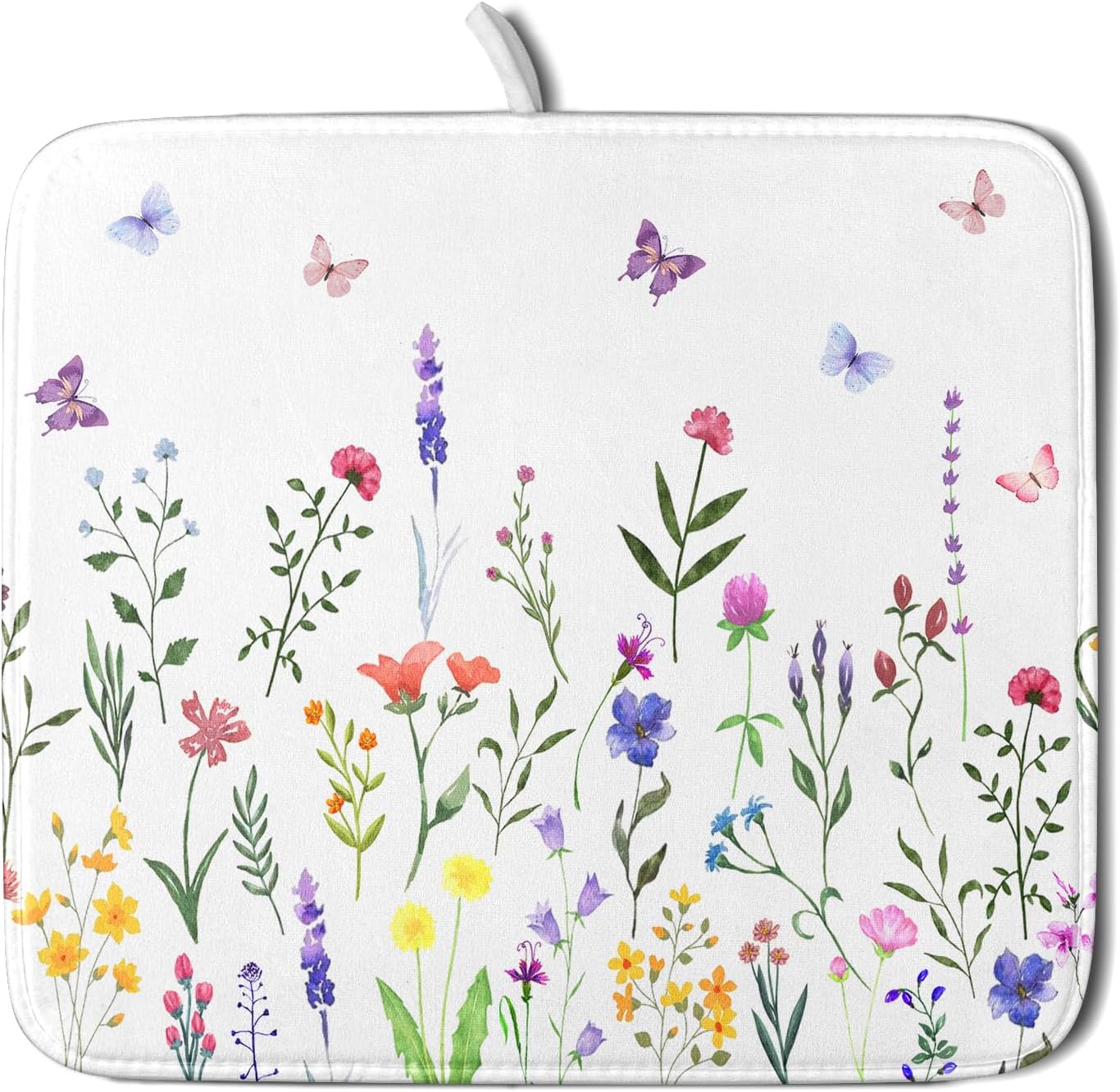 Watercolor Floral Dish Drying Mat for Kitchen Counter 16x18 Inch Spring Summer Wild Flower Butterfly Absorbent Reversible Microfiber Dish Drainer Rack Mats Countertops Protector Mat