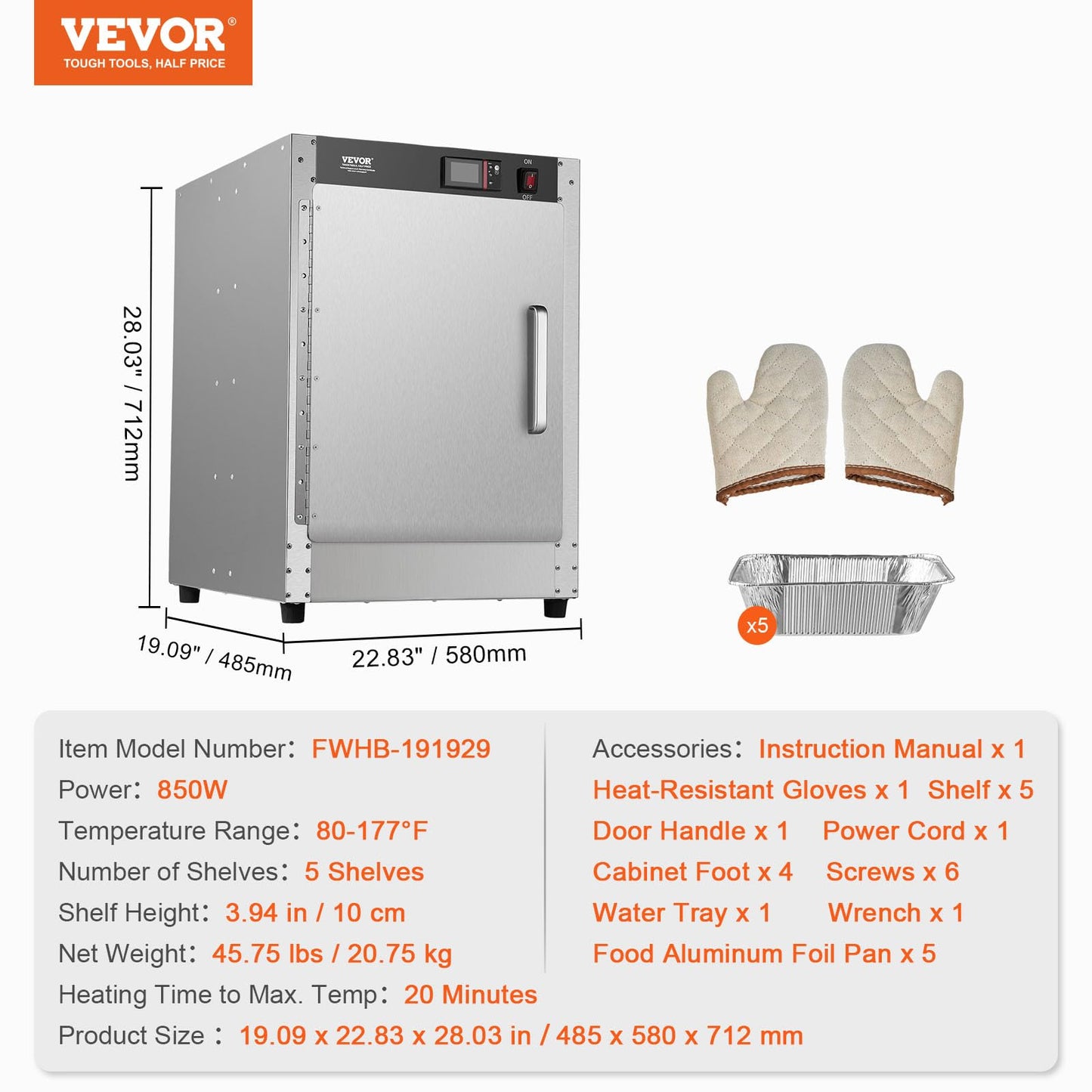 VEVOR Hot Box Food Warmer, 5-Tier Concession Warmer with Water Tray, 5 Pans, Single-Door and Adjustable Shelves, Stainless Steel Food Warmer Cabinet, Ideal for Storing Pizza, Chicken, Restaurant