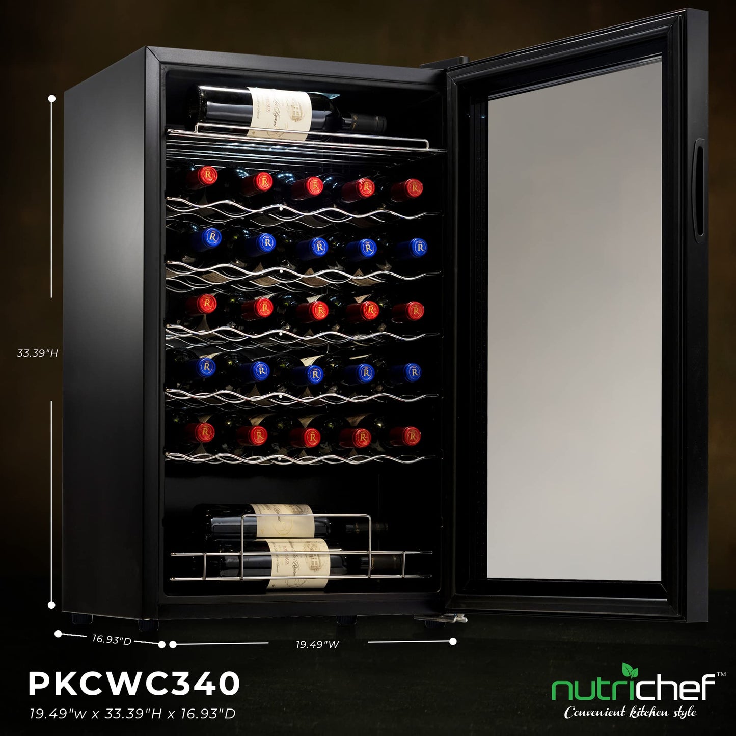 NutriChef PKCWC340 Wine Fridge, 34 Bottle Single Zone Beverage Chiller, 93.5L Capacity, 33x19x17 IN, Black