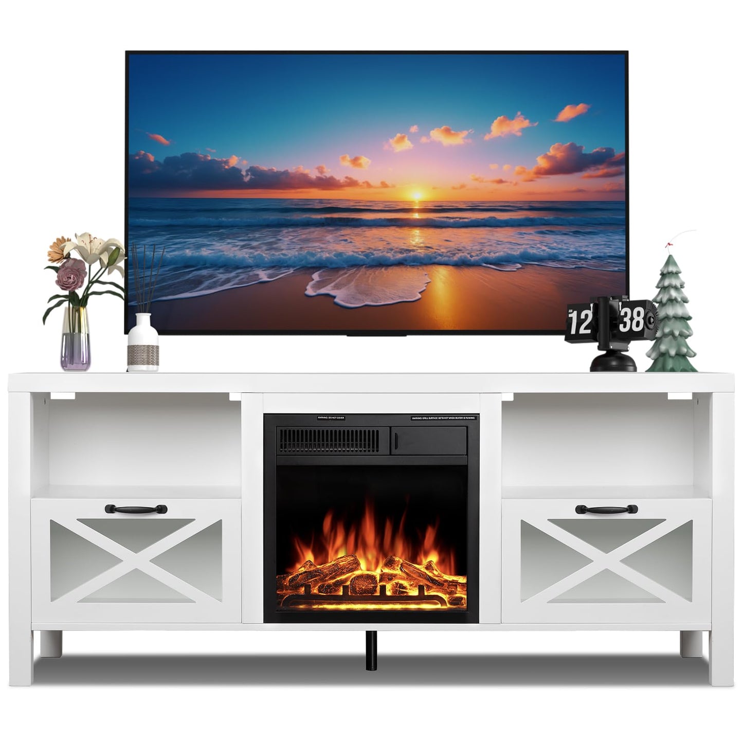 Electactic Electric Fireplace TV Stand with Mantel & Storage, Features Realistic LED Flame Insert, Remote, 7 Brightness Settings, Overheat Protection, for Living Room Furniture or Bedroom Fireplace