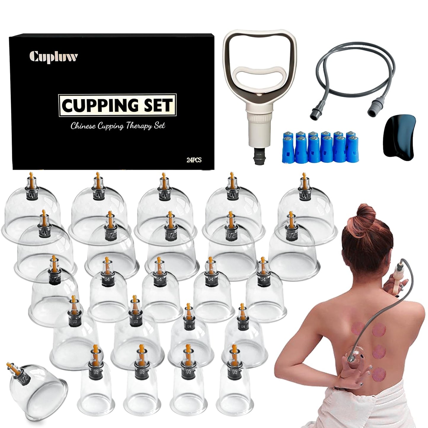 Cupluw Cupping Set, 24 Cups Cupping Kit for Massage Therapy, Chinese Cupping Therapy Set with Magnetics, Professional Vacuum Cupping Set for Cellulite Reduction Muscle Pain Relief with Manual Pump