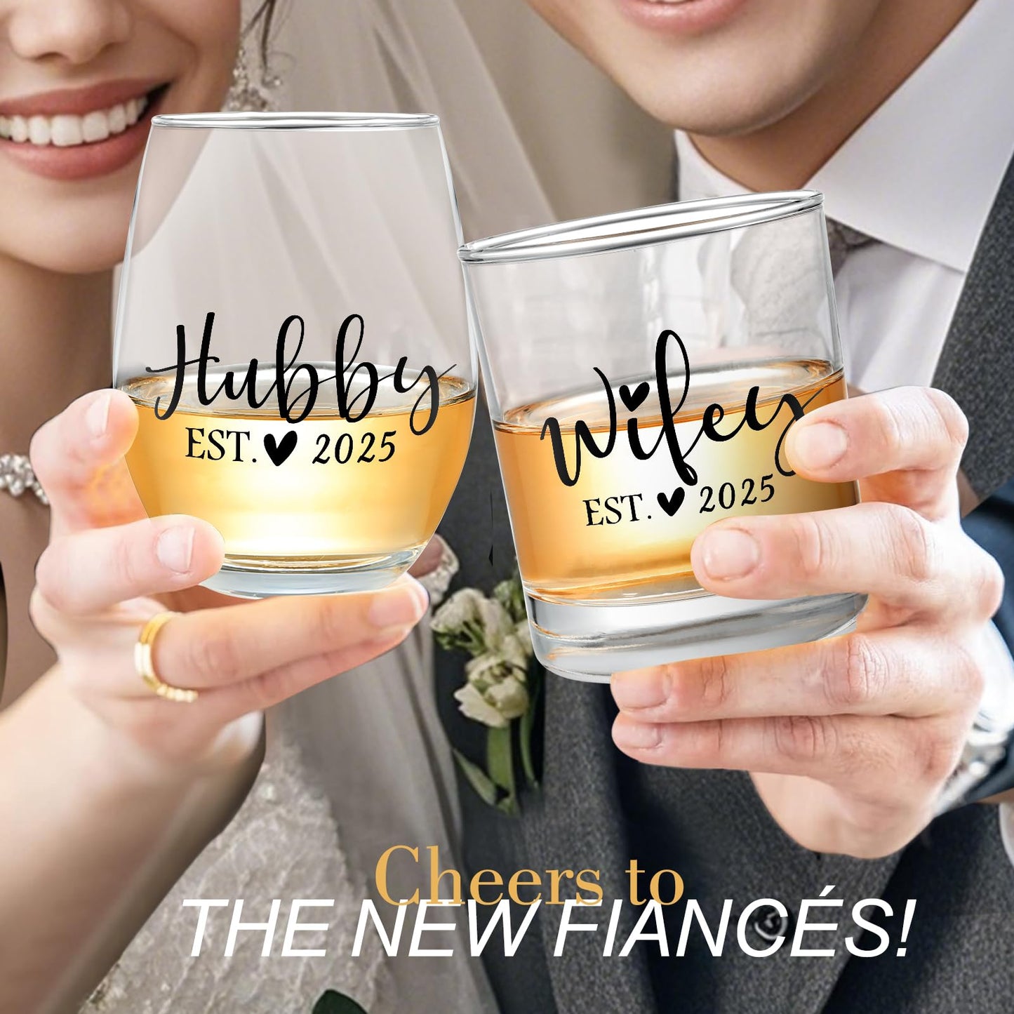 Jacriah Wedding Gifts for Couples - Hubby & Wifey EST 2025 Wine and Whiskey Glass Set - Engagement, Bridal Shower Gift for Newlyweds Mr. Mrs.