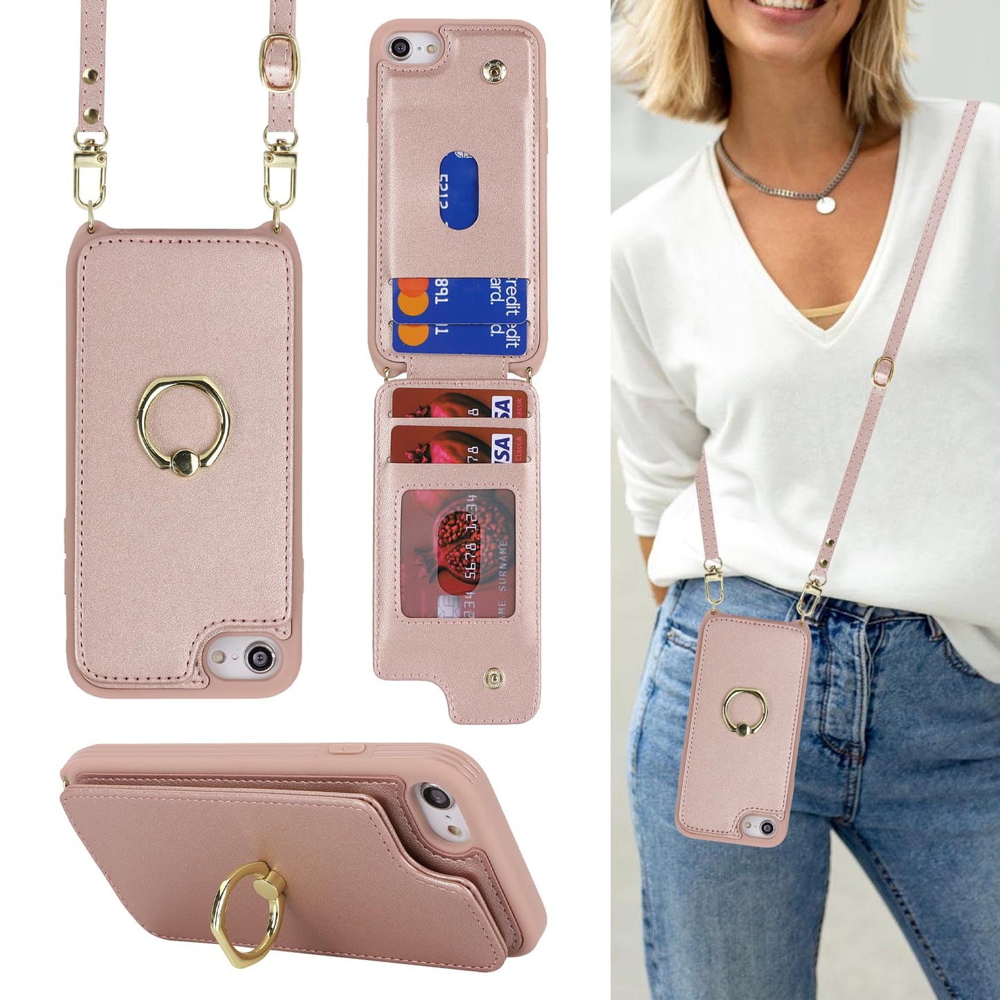 Lipvina For Iphone 7 Plus / 8 Plus Case With Card Holder And Strap For Women,Crossbody Lanyard,Kickstand Ring Stand,Snap Clasp,P