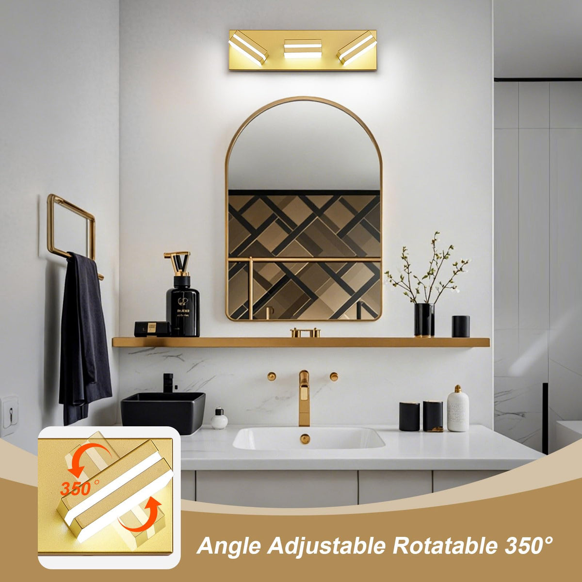 JZEKVN Modern LED Bathroom Lights Fixtures(3-Light),Metal Gold Acrylic Wall Lighting,Vanity Lights for Bathroom Over Mirror(6000k 16In