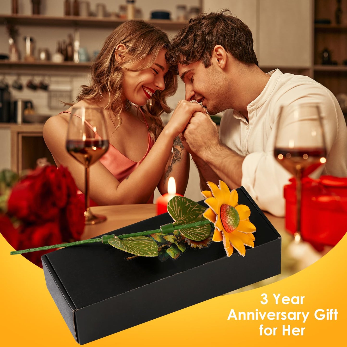 Rimvoe Genuine Leather Sunflower 3rd Year Anniversary Keepsake for Her Him, Leather Gifts for 3 Year Anniversary