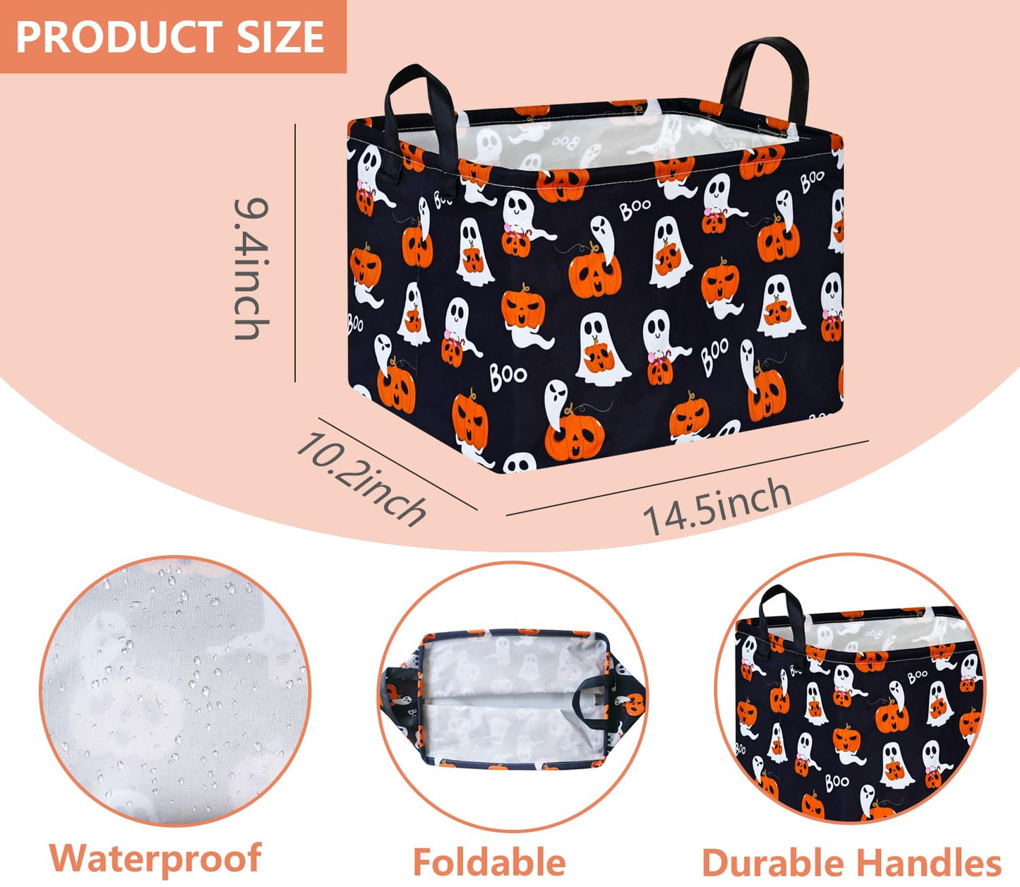 KUNRO Pumpkin Pattern Halloween Storage Gift Basket Canvas Storage Bins with Handles Rectangle Storage Cubes Organizer for Bedroom Living Room
