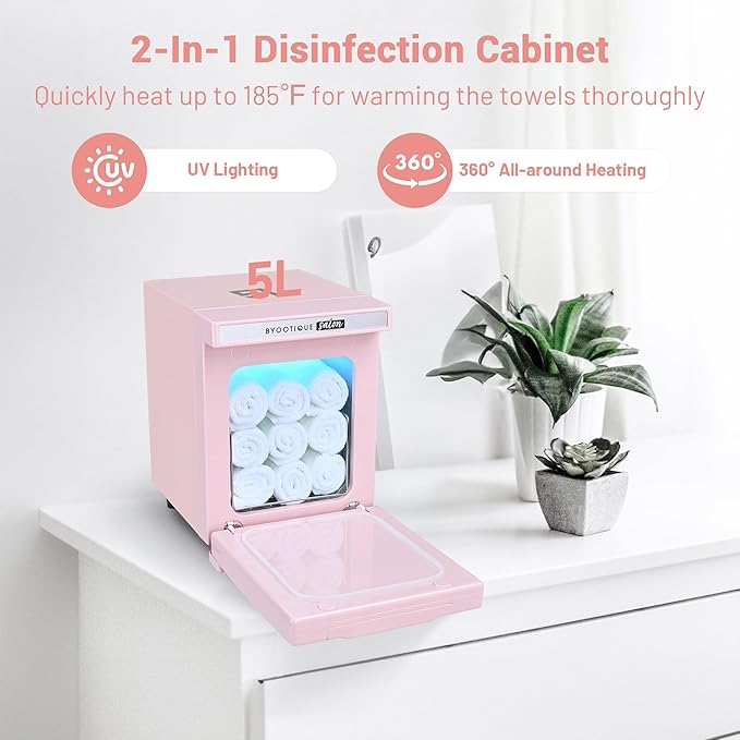 BYOOTIQUE 5L Hot Towel Warmer Mini,2in1 Professional Fast Heating Hot Cabinet for Towel Steamer Beauty Salon Facial Spa Nail Salon Barber Shop,Pink