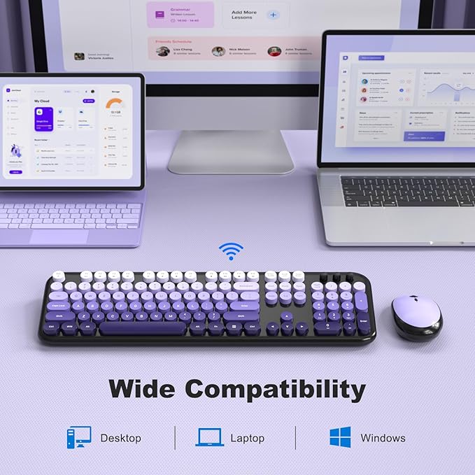 Wireless Keyboard Mouse Combo, Typewriter Full Size Keyboard and 2 in 1 USB Connected Mouse for Windows 7/8/10, Laptop, Desktop, PC, Computer (Black Purple)