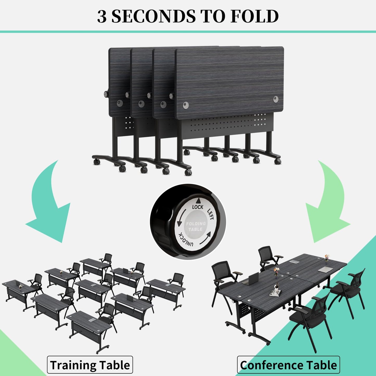 8PCS Folding Training Table with Wheels,Modular Conference Tables, 47IN Conference Room Table with Cable Grommets,Flip Top Mobile Meeting Tables for School Office Seminar Classroom,2-30 Person