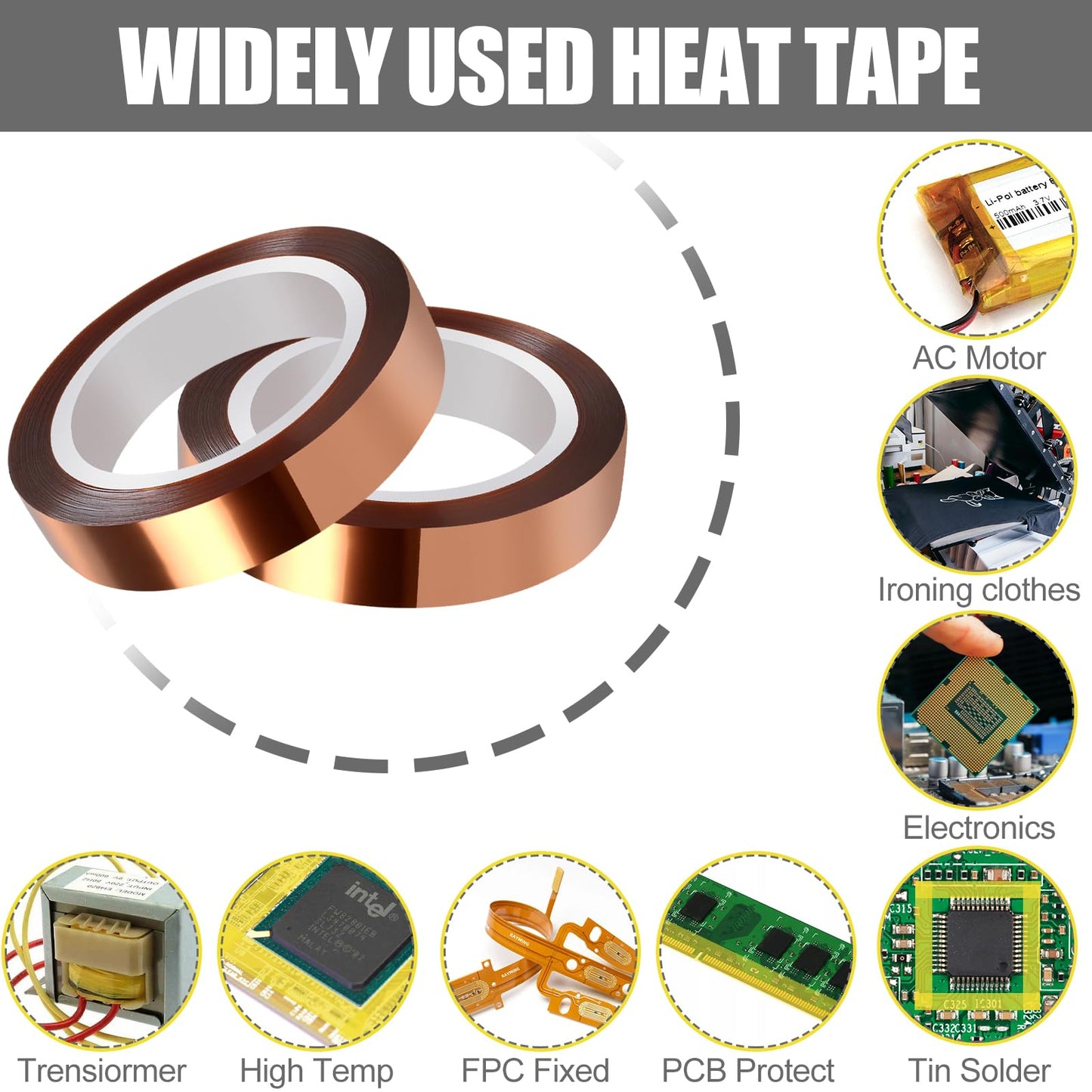 Okomagix Heat Tape, High Temperature Heat Resistant Tape for Sublimation, 6 Rolls 10mm*16m(52FT) Polyimide Heat Tape for Sublimation Press Vinyl, Soldering, Electronics, No Residue