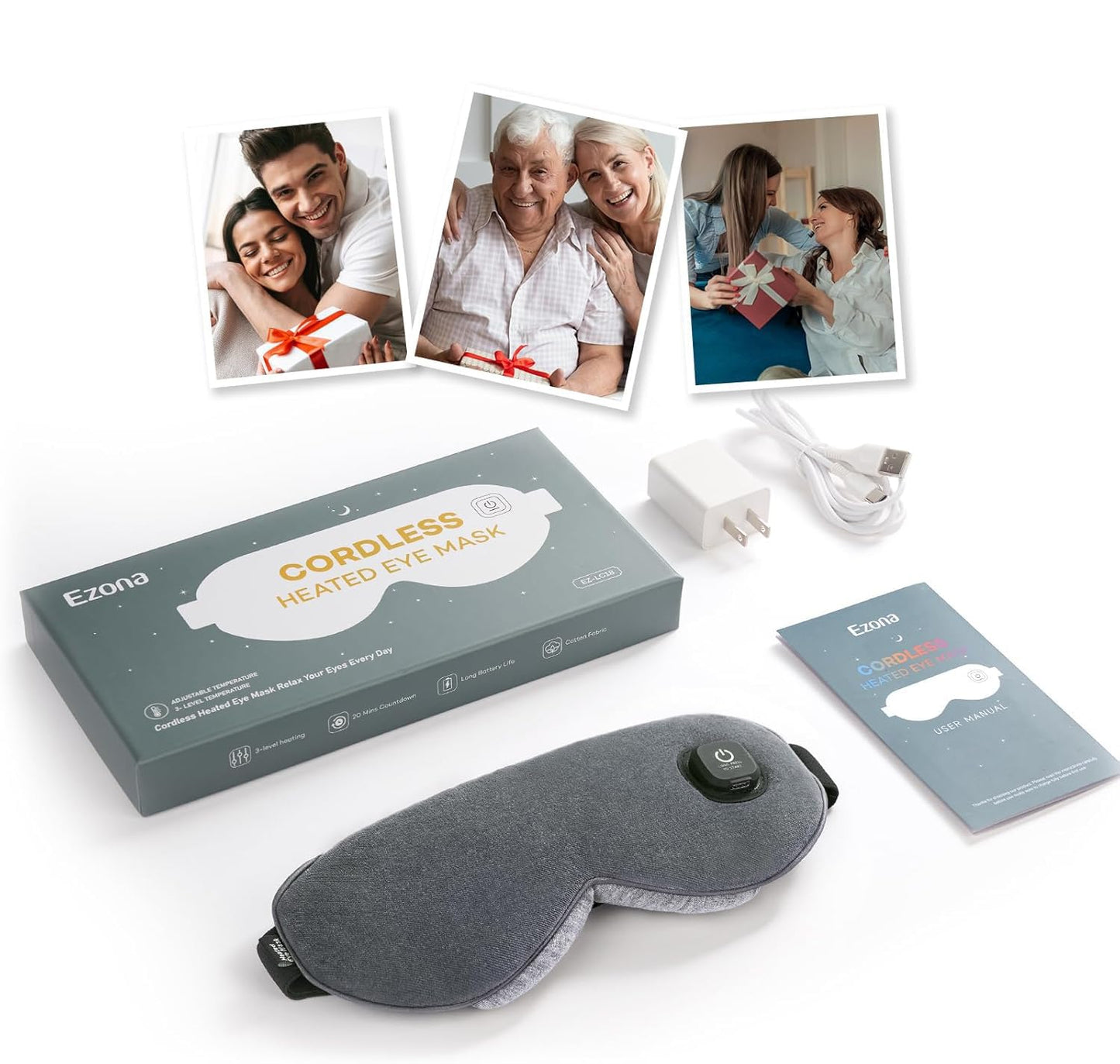 Ezona Cotton Cordless Heated Eye Mask, 2000mAh Warm Eye Compress Mask for Dry Eyes, Washable Eye Heating Pad for Travel, MGD,Blepharitis, Sinus Migraine with 10W Charger（Gray）
