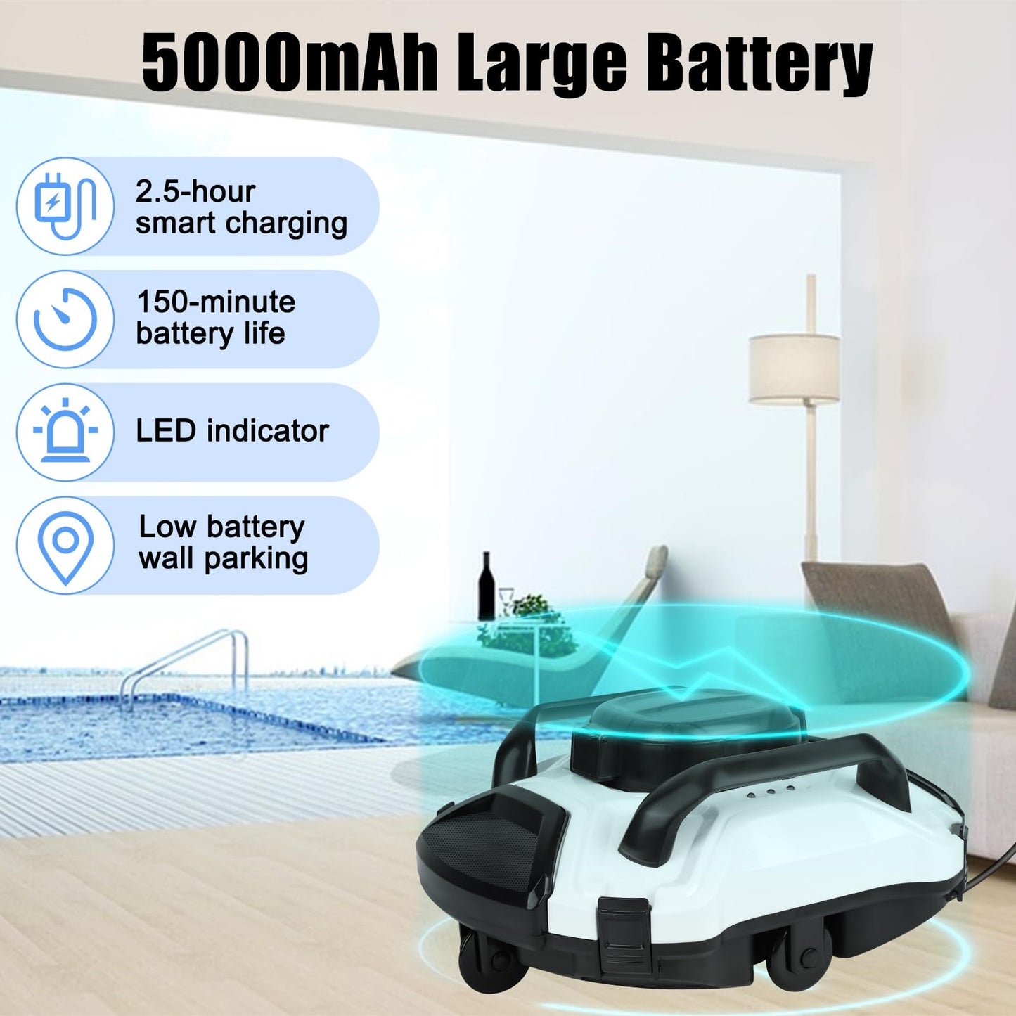 (2026 Upgrade) TCEUMIK Cordless Robotic Pool Cleaner 150 Mins Runtime, Automatic Pool Robot Vacuum with Dual Motors Climbs Slopes Under 23° Above Ground Pool & In-Ground Flat Pools Up to 914 Sq.Ft
