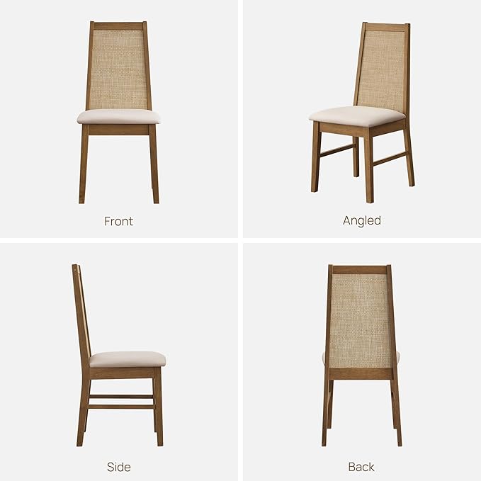 SICOTAS Wood Dining Chairs Set of 4 - Rattan Dining Room Chairs with Solid Wood Leg, Farmhouse Upholstered Kitchen Chairs High Back, Modern Armless Dining Chair for Dining Room, Kitchen, Oak, 4PCS