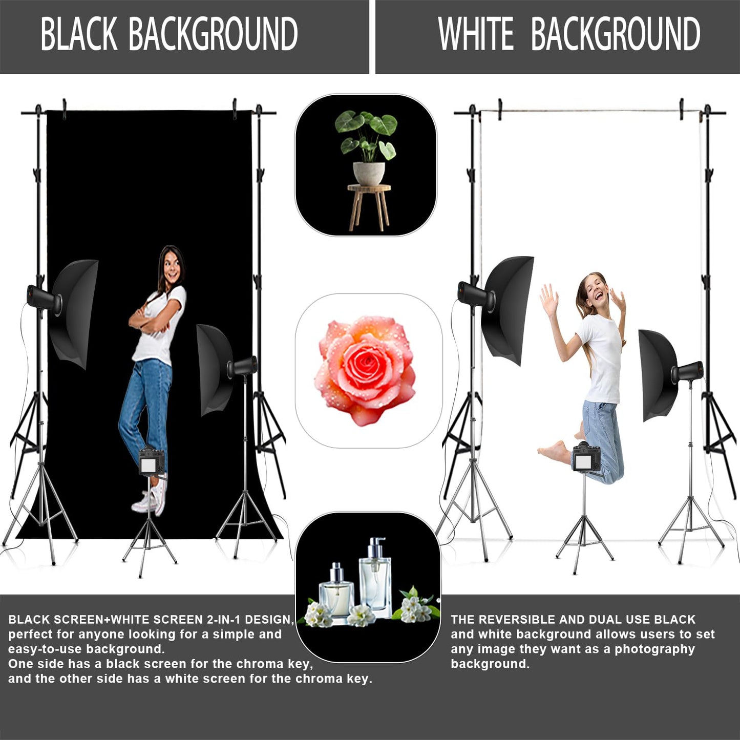 LYLYCTY Black White Photography Backdrop for Photoshoot, 2-in-1 Revisible Black Backdrop White Screen Background for Video Photography Gaming Streaming5x7ft