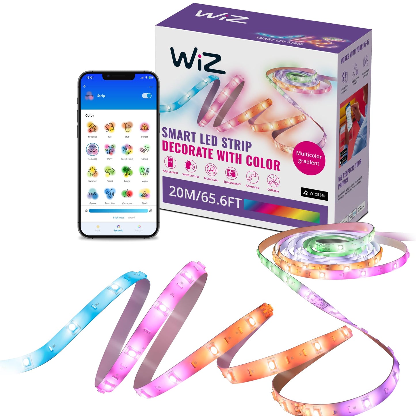 WiZ Connected 65.6 ft LED Light Strip For Your Smart Home - Flowing Multicolor LED, Color-Changing, Cuttable - Voice/App Control - 2 Rolls