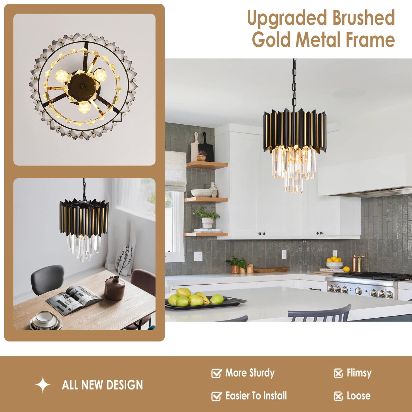 Black and Gold Chandelier Gold Modern Crystal Chandelier Light Fixtures Dining Room Chandelier 1-Light Round Small Crystal Ceiling Hanging Pendant Light Fixture Kitchen Island entryway Foyer Bedroom