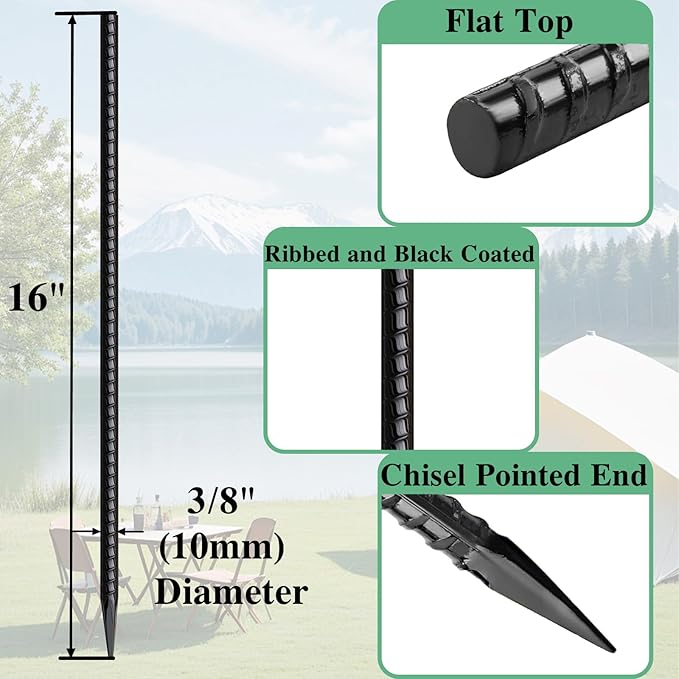 MSWY Rebar Stakes 16 Inch 20 Pack Heavy Duty Ground Anchors with Chisel Point End Long Straight Steel Tent Stakes 3/8" Thickness Metal Spikes Black Coated for Concrete Timber Camping Garden Plant