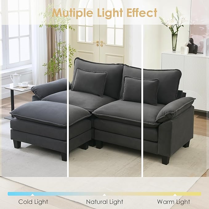 URRED Cloud Couch Modular Sectional Sofa, 87" Modern L Shaped Deep Seat Sofa with Ottoman & Pillows, Ultra Comfy Velvet Couches for Living Room, Bedroom or Apartment, Dark Gray