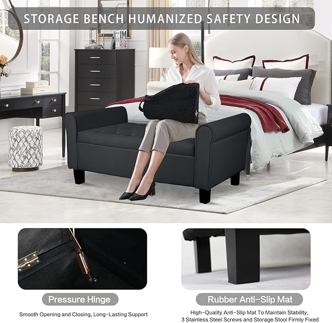 Babion Storage Bench for Bedroom End of Bed, Button Tufted Storage Ottoman Bench 51 Inch, End of Bed Storage Bench with Upholstered, Rolled Arm Window Bench Seat with Solid Wood Legs, Black