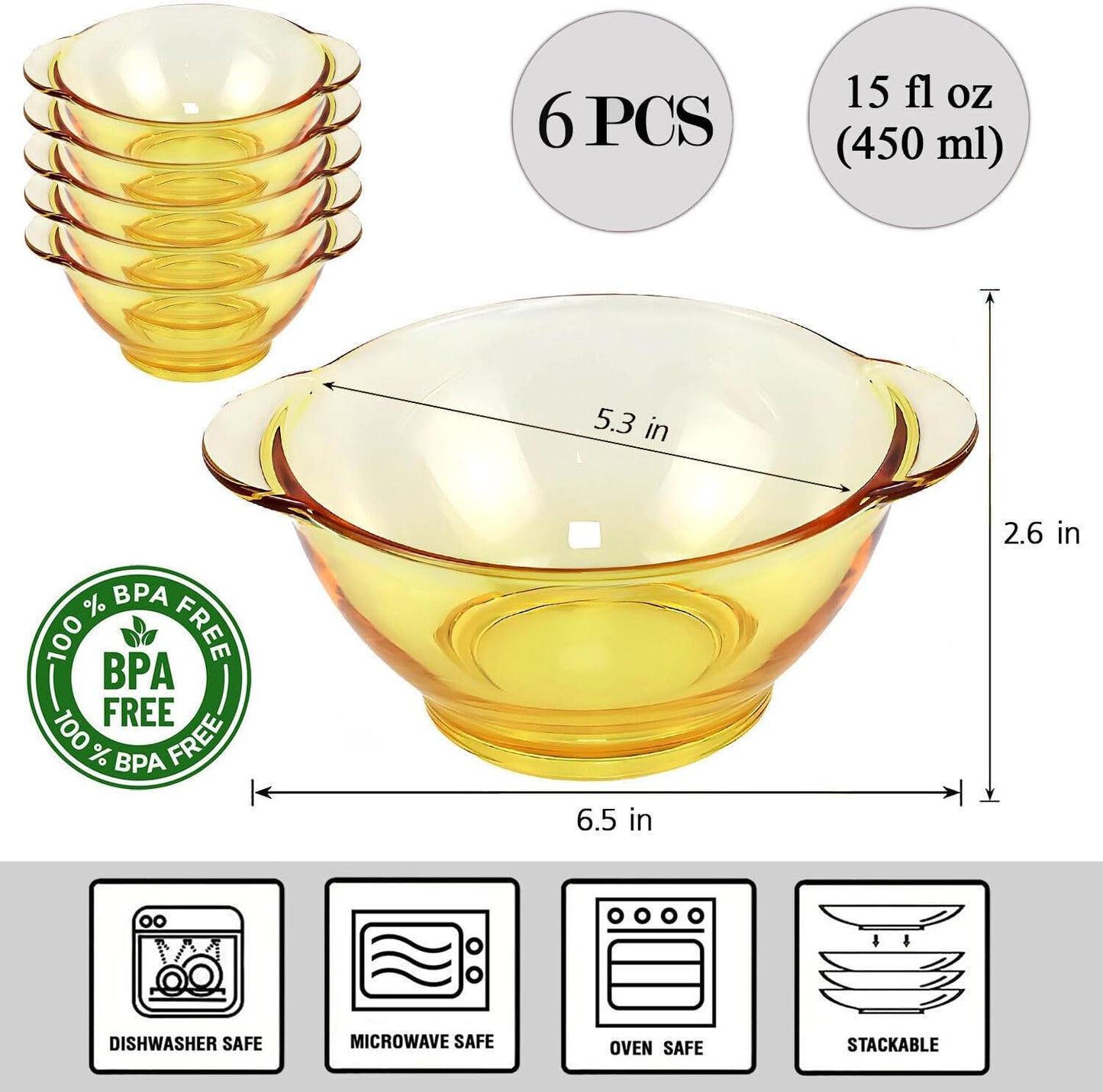 STP GOODS Glass Soup and Salad Bowl with Handles Set of 6, Cobalt Transparent Glass Eating Plates, Circular Dinnerware for Salad, Bread, Dinner (Salad Bowl Yellow, Set of 6)