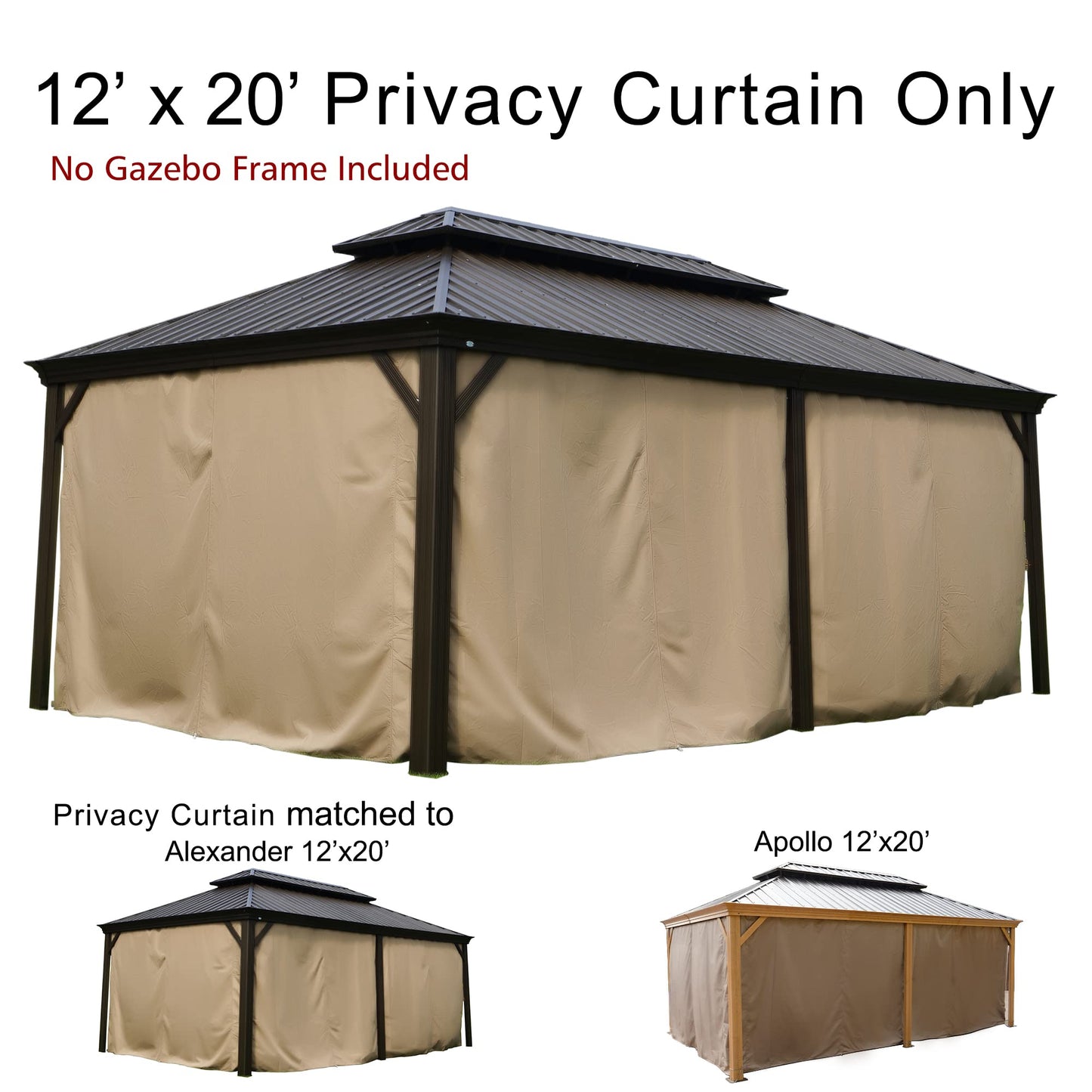 Kozyard Privacy Curtain Outdoor Waterproof Sidewall for Hardtop, OEM Replacement for Patio Gazebo Curtains - Alexander, Caesar, Rosana, Apollo (12ft x 20ft, Brown)