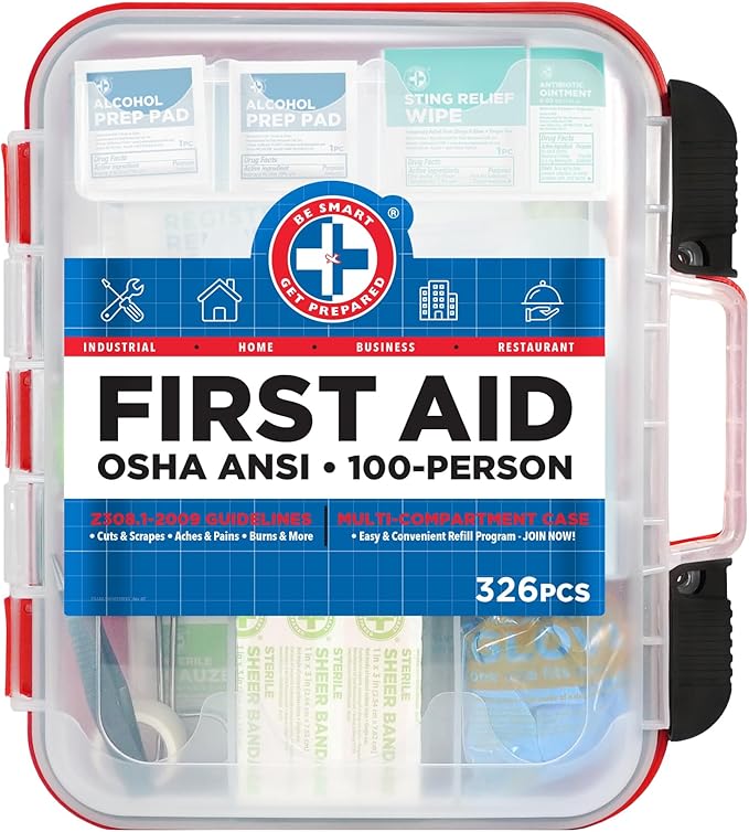 Be Smart Get Prepared First Aid Kit Hard Red Case 326 Pieces Exceeds OSHA and ANSI Guidelines 100 People - Office, Home, C...