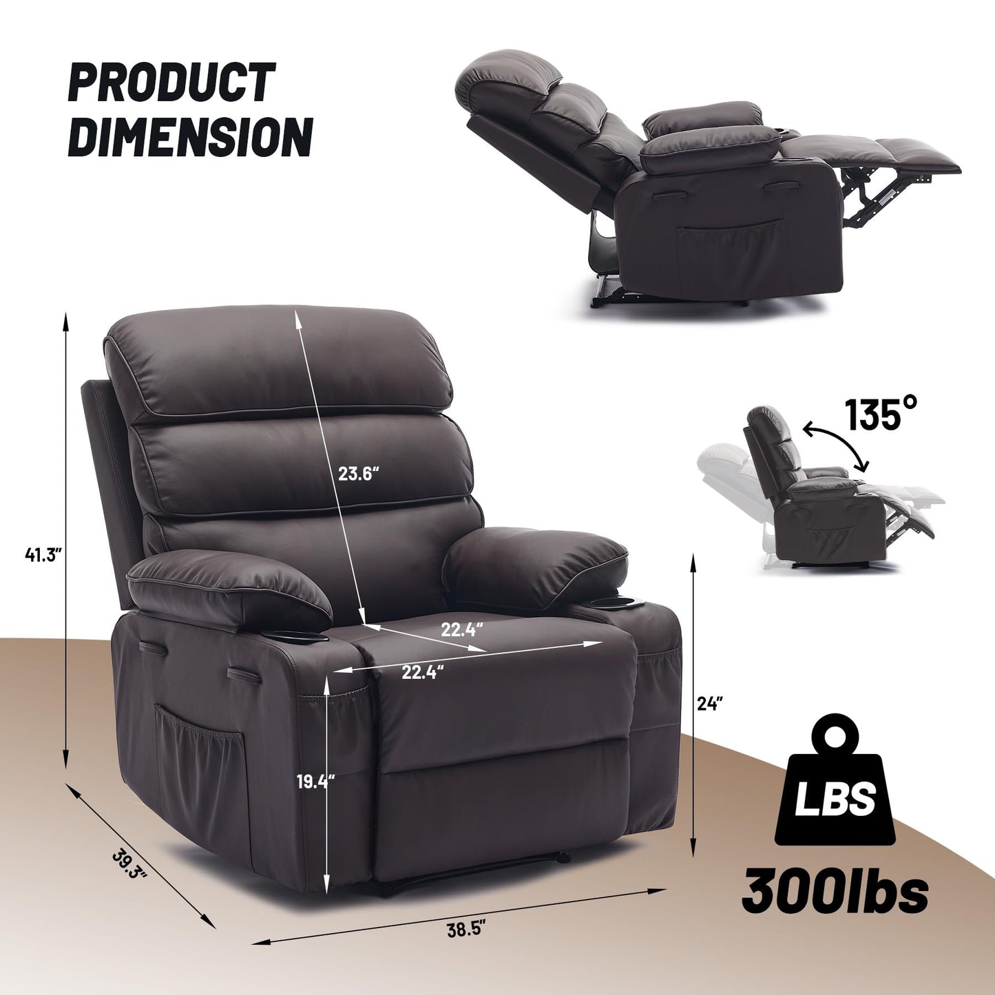 PU Leather Extra Wide Manual Recliner for Adults with Massage and Heat, Large Lazy Chair with 1.5X Sponge Comfort Arm and Back for Living Room, Bedroom