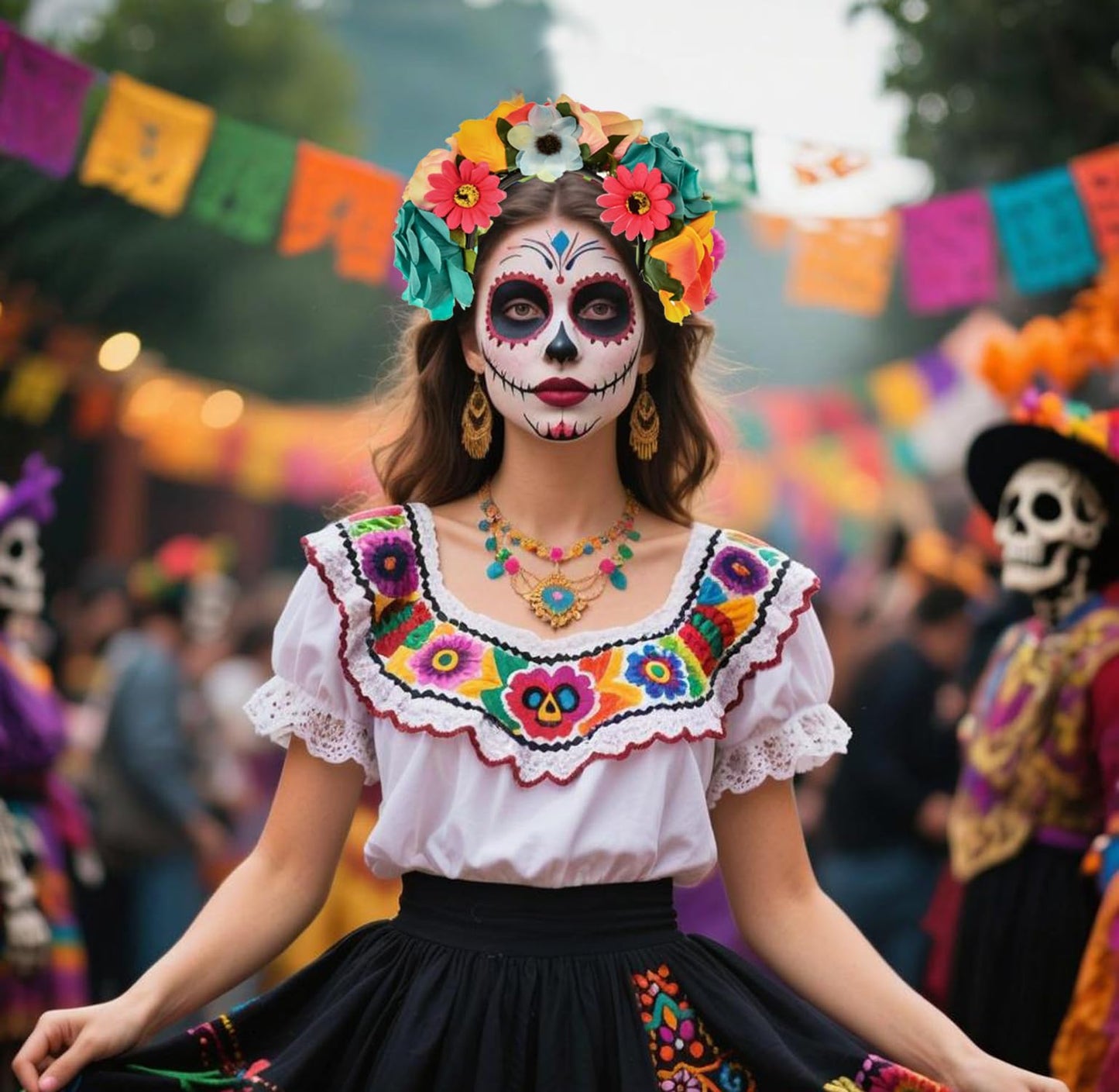June Bloomy Mexican Flower Headband Halloween Cinco De Mayo Party Costume Day of The Dead Headpiece(Peach Orange Blue)
