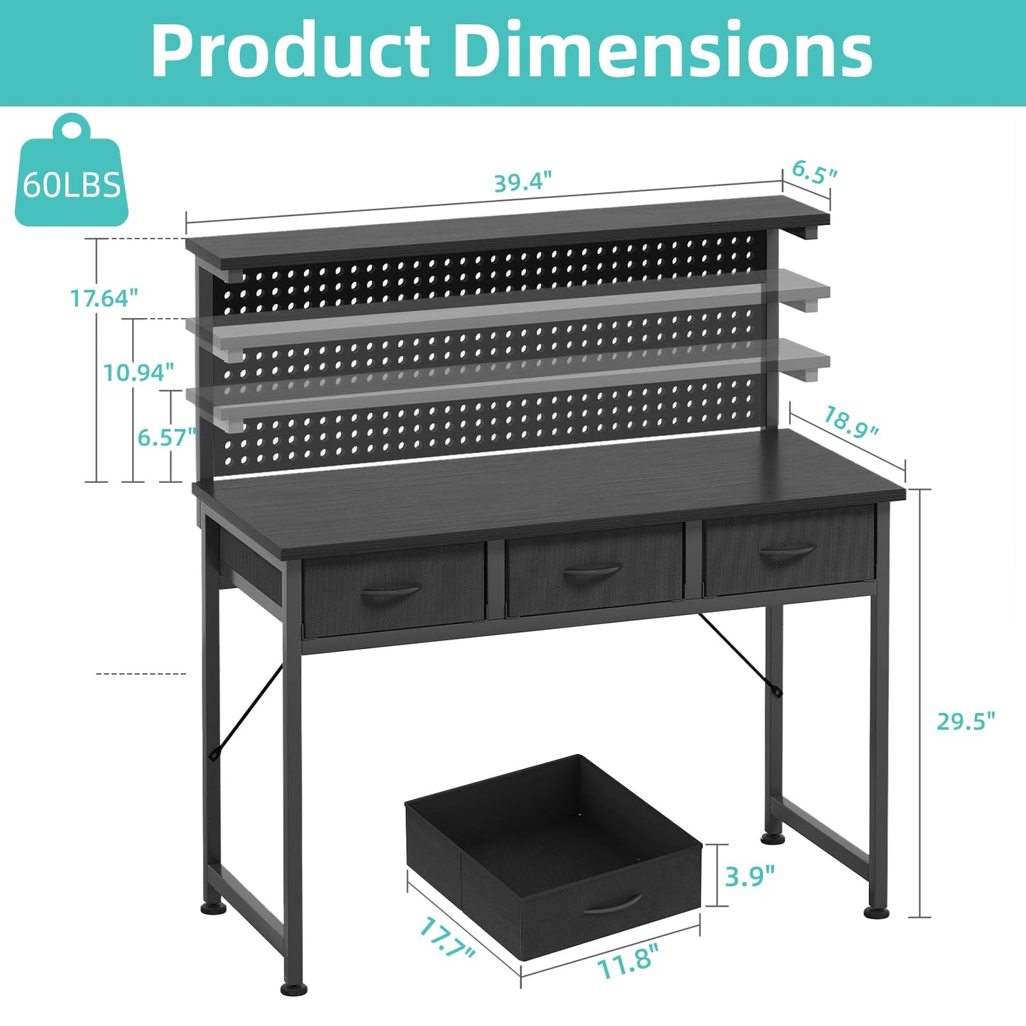 MUTUN Computer Desk with Drawers, 40 Inch Computer Desk with Power Outlet & LED Light, Gaming Desk with Adjustable Monitor Stand & Pegboard, Modern PC Study Writing Table for Bedroom, Black
