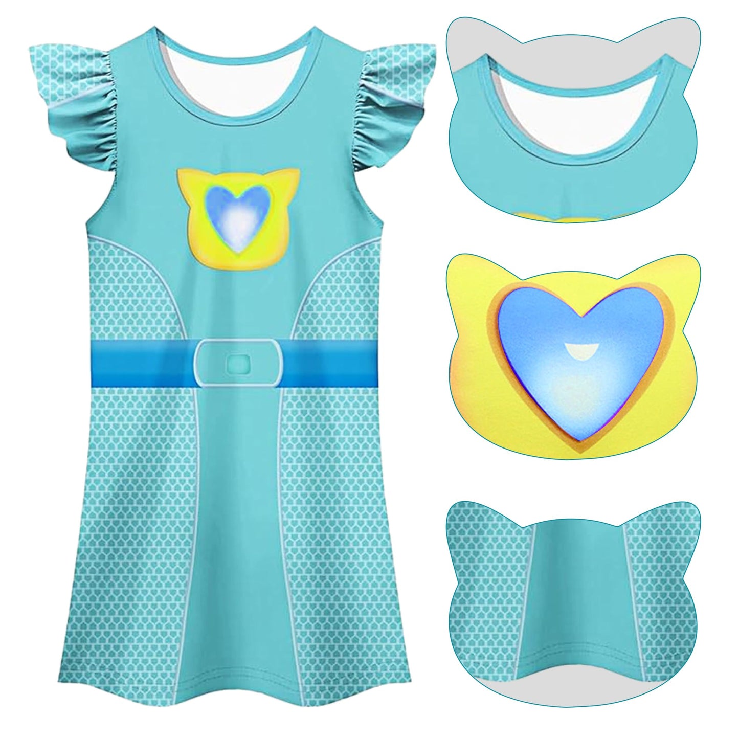 CheerfulChic Princess' Costume Set, Dress with Superhero Logo, Cat Ear Headbands, Mask, 4 Pieces, For Birthday Halloween Christmas （110cm/3-4T） Blue green
