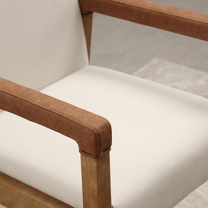 DM Furniture Mid Century Modern Dining Chairs Set of 6 Linen Fabric Upholstered Accent Chairs Comfy Kitchen Chairs with Solid Wood Frame Armchair for Living Room, Ivory