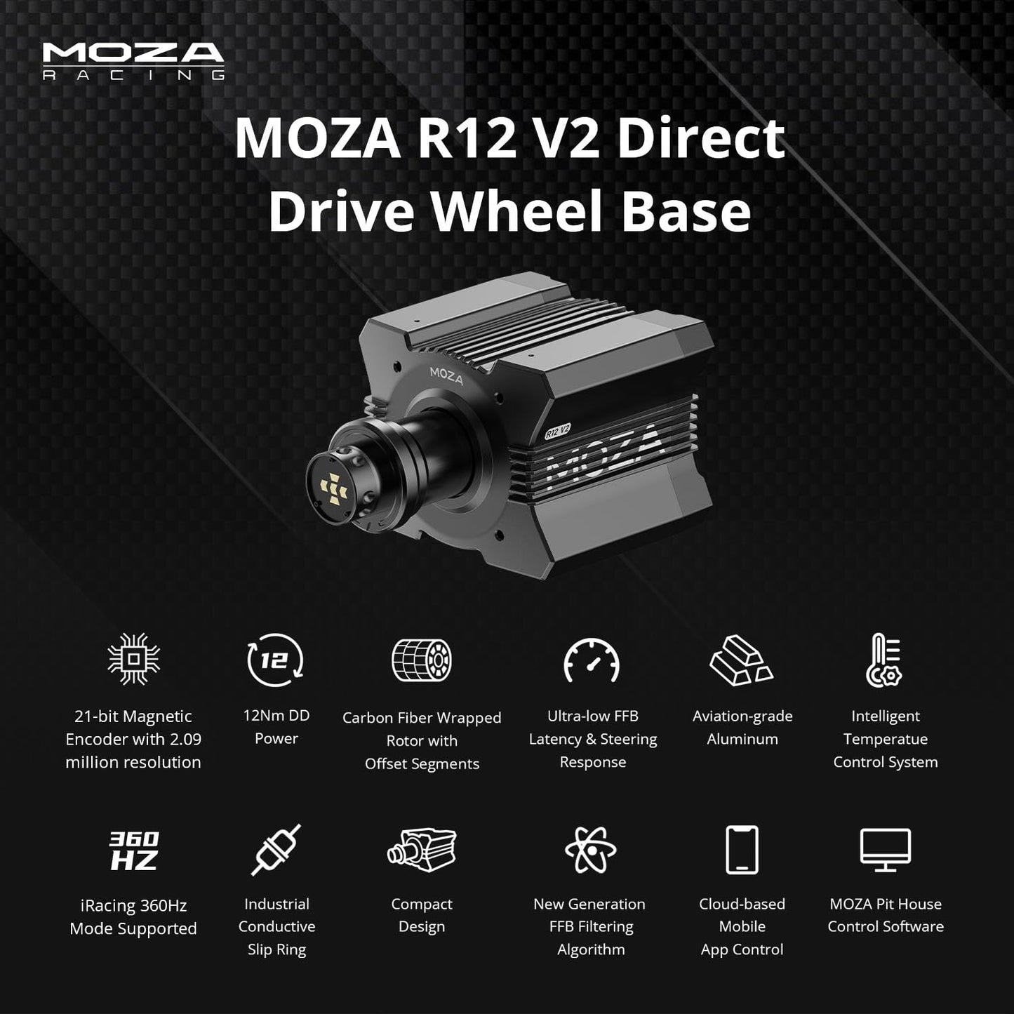 MOZA R12 V2 Direct Drive Sim Racing Wheelbase Servo Base, 12Nm Direct Drive Torque, Real Force Feedback, standalone Wheel Base Simulator for PC Video Game, black