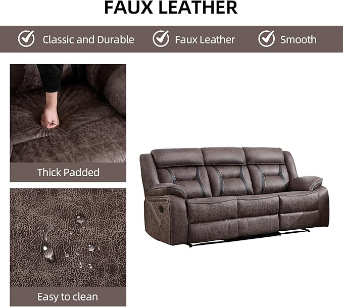 EBELLO Manual Recliner Sofa Set, Faux Leather Reclining Living Room Furniture Set, Included Recliner Chair and 3 Seat Manual Recline Sofa, Grey