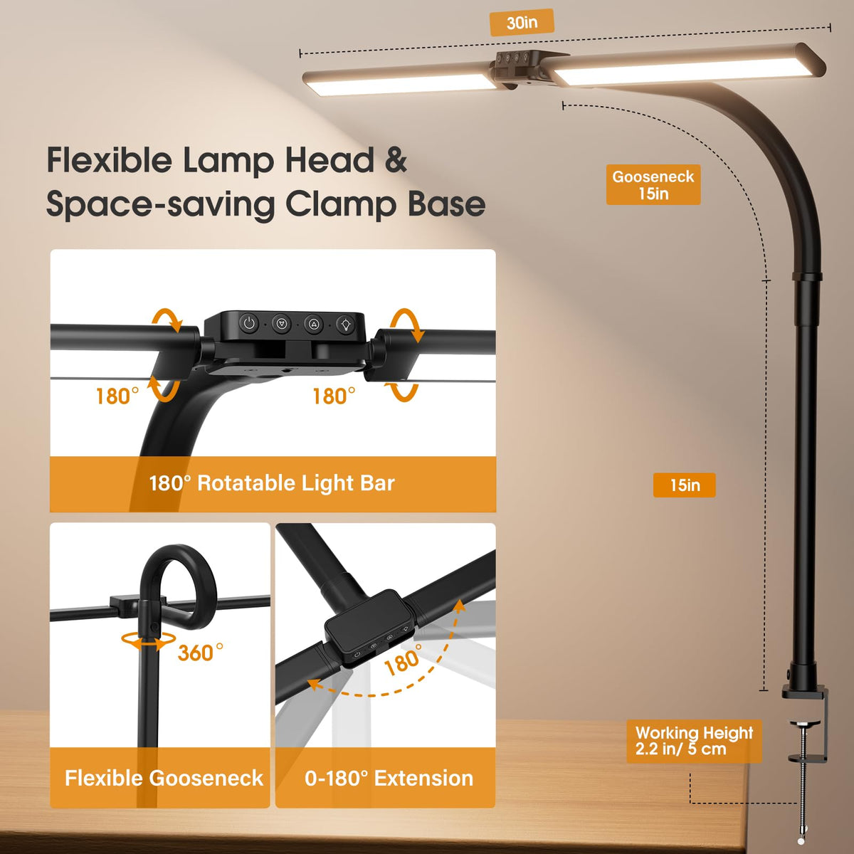 SIBRILLE LED Desk Lamp for Home Office - Eye-Caring Computer Desk Light with Clamp, Rotatable Computer Lighting with Color Changing, Dimmable Monitor Table Lamp with Gooseneck, Double Head, Black