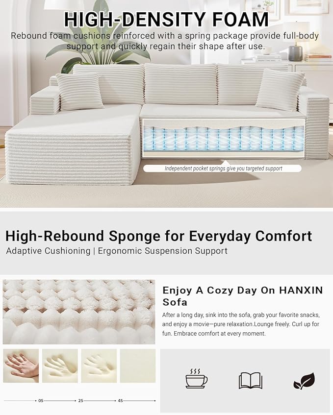 105 Inch Modular Sectional Sofa,Modern Cloud Sectional Couch with Deep Seat,Corduroy Boneless Couches with L-Shape Chaise for Living Room Bedroom,No Assembly Required (White, Left Facing Chaise)