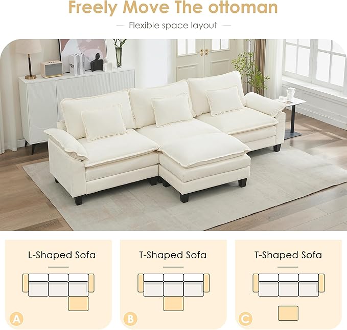 URRED Cloud Couch Modular Sectional Sofa, 122'' Modern L Shaped Deep Seat Sofa with Ottoman & Pillows, Ultra Comfy Chenille Couches for Living Room, Bedroom or Apartment, White | Chenille Fabric, Skin Friendly, Breathable, Ergonomic Design, Flexible Mo...