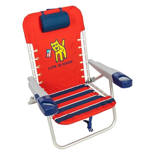 Life is Good 4-Position Lace-up Backpack Beach Chair with Pillow, Cup and Phone Holder, Faded Red
