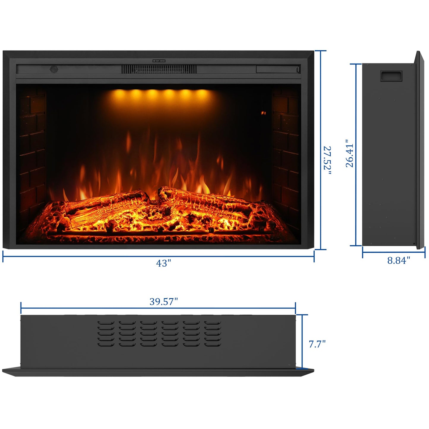 Dreamflame 43 inch Electric Fireplace, Wall Fireplace Electric with Remote Control, Realistic Log and Crackling Sound, Overheating Protection and Timer, 750/1500W Black