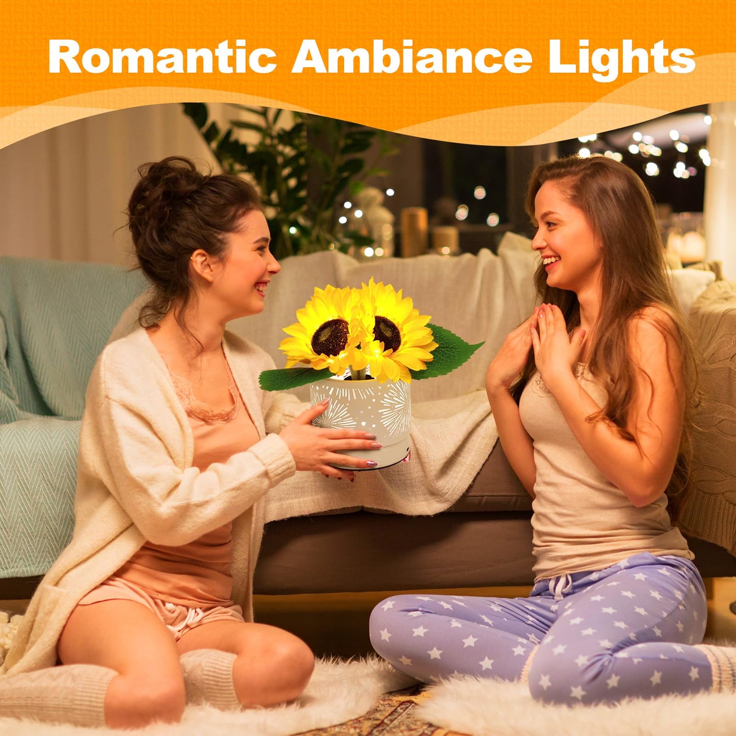 AMWGIMI Birthday Gifts for Women,Sunflower Flower Cordless LED Touch Table Lamp,3-Colour Infinitely Dimming Rechargeable Small Night Light for Festival,Restaurant,Bedroom,Office Decor Gifts for Mom