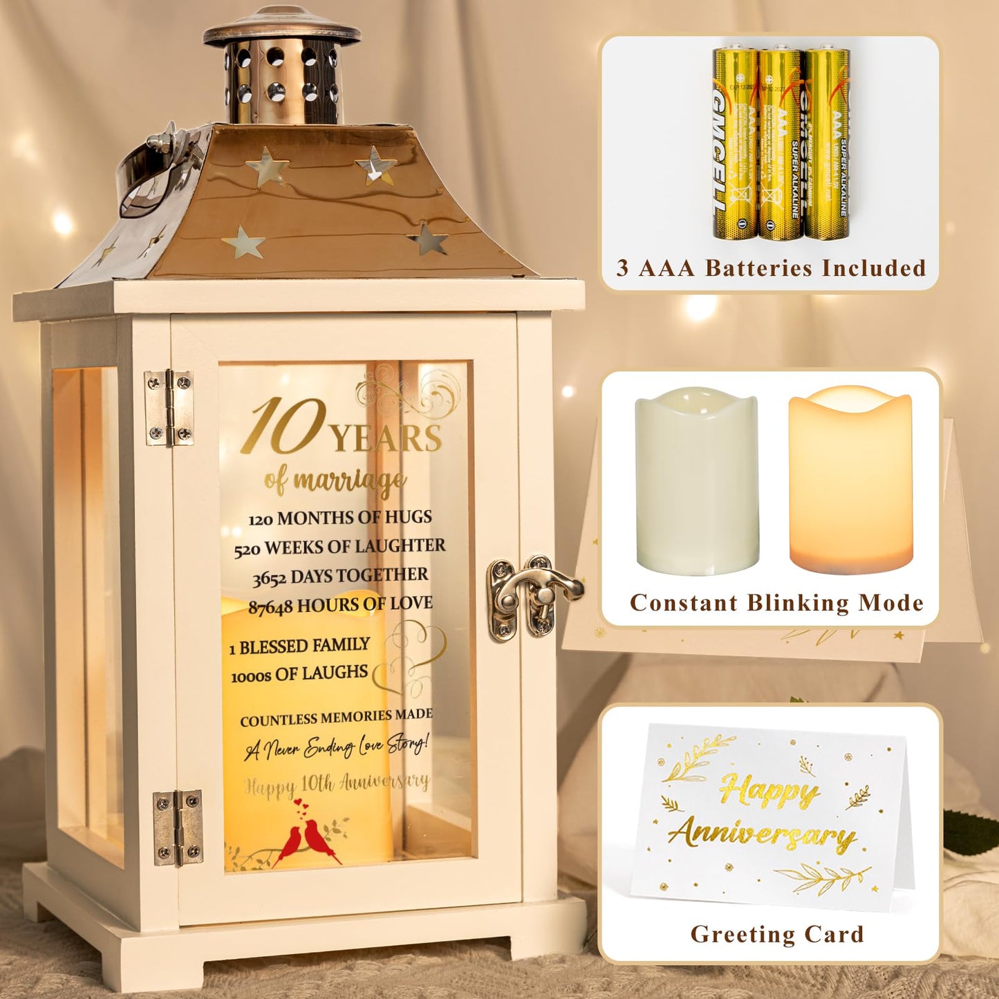 10th Wedding Anniversary Lantern, Happy 10 Years Anniversary Ideas Gift for Wife Husband Couple Parents, Unique Marriage Keepsake Decoration for Him Her Friends