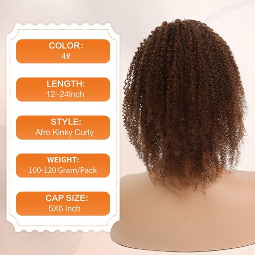 Afro Kinky Curly Ponytail Human Hair 150% Density Brazilian Virgin Hair 4C Afro Puff Drawstring Ponytail Extension for Black Women Dark Brown Color （22 Inch 4#）