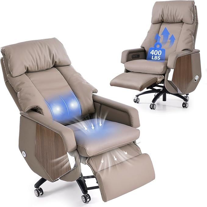 EMIAH Ergonomic Office Chair with Footrest Electric Reclining Executive Office Chair Big and Tall with Massage and Ventilation High Back Comfortable Swivel Desk Chair, Genuine Leather (Light Khaki)