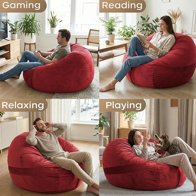 YuppieLife Large Foam Filled Bean Bag Chairs for Kids Teenagers Adults Living Room Gaming Relaxing 4F Machine Washable Lazy Sofa（Red
