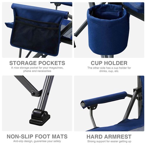 EVER ADVANCED Oversized Folding Camping Chair, for Adults Heavy Duty Lawn Chair with Side Pockets, Portable Collapsible Quad Chair for Outside, Support Up to 500lbs, Blue