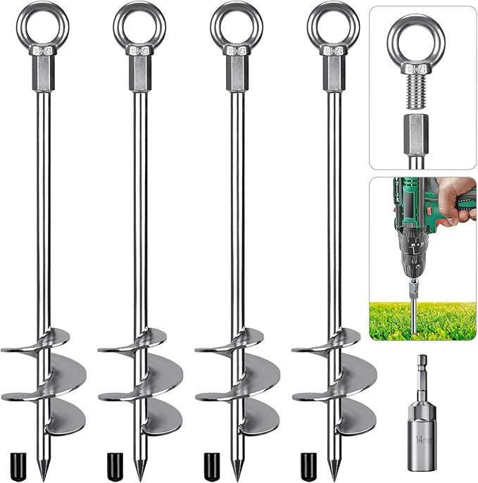 Insaga 18'' Ground Anchors Screw in Heavy Duty 12mm Solid Steel, 3" Spiral Blade with Smooth Edges, Fully Welded Design for Mobile Home, Shed, Trampoline, Swing Set, Carport, Earth, Tent, 4Pack