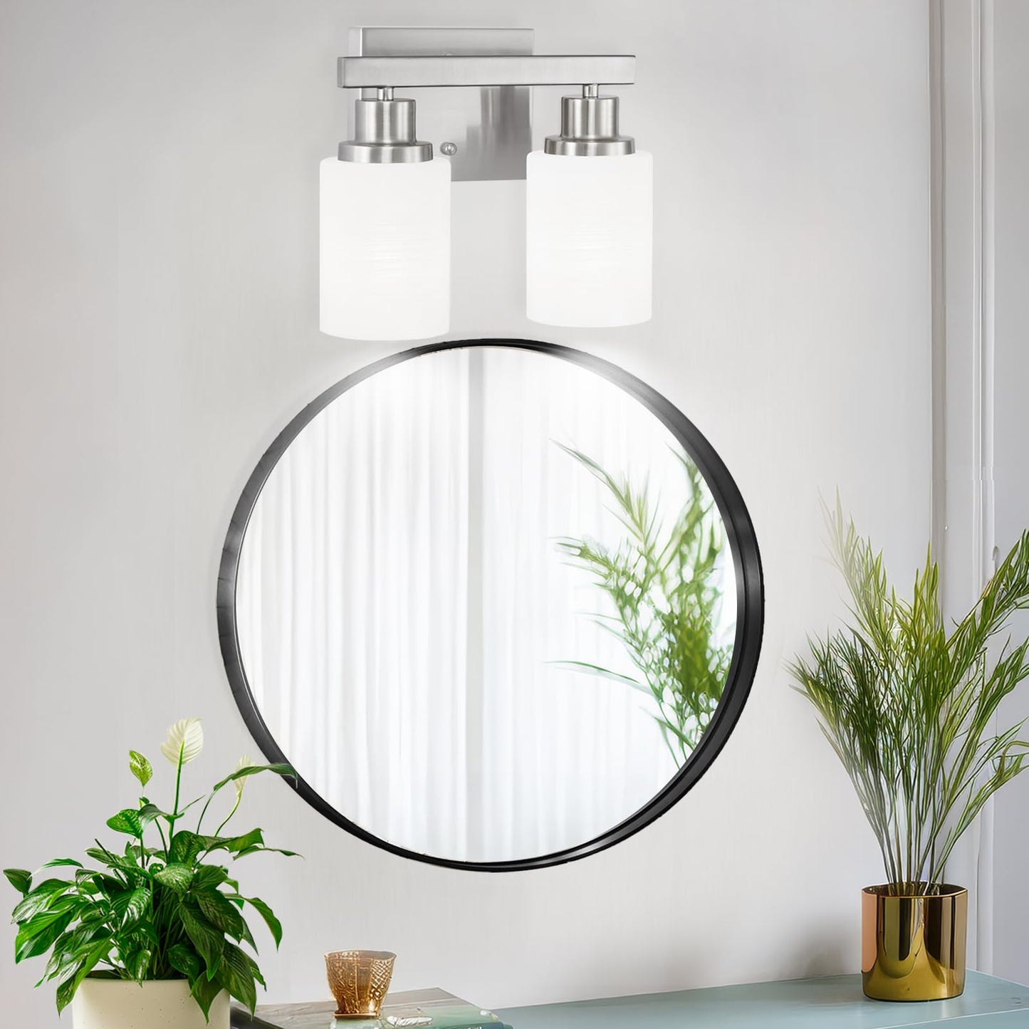 DIKAIDA Bathroom Light Fixtures Over Mirror, 2-Light Modern Nickel Vanity Lights with White Glass Shade, Bathroom Wall Lamp Sconces for Mirror Bedroom, Living Room Hallway Small Space