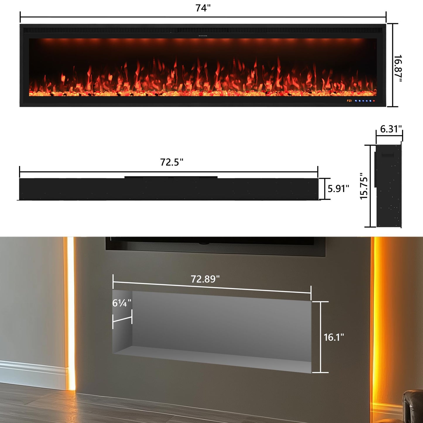 Valuxhome 74” Electric Fireplace Wall Mounted and Recessed, Ultra-Thin Fireplace Insert Indoor, Adjustable Flame and Light, Crysral & Log, 507 Color Combinations, App, Touchscreen and Remote Control